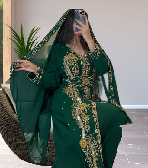 Luxurious Emerald Green Kaftan Gown with Gold Zari Work | Wedding & Formal Event Wear