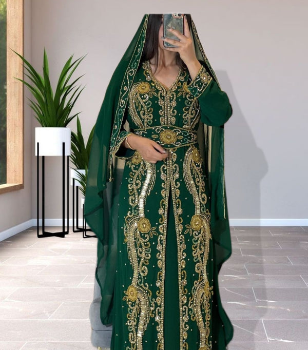 Luxurious Emerald Green Kaftan Gown with Gold Zari Work | Wedding & Formal Event Wear