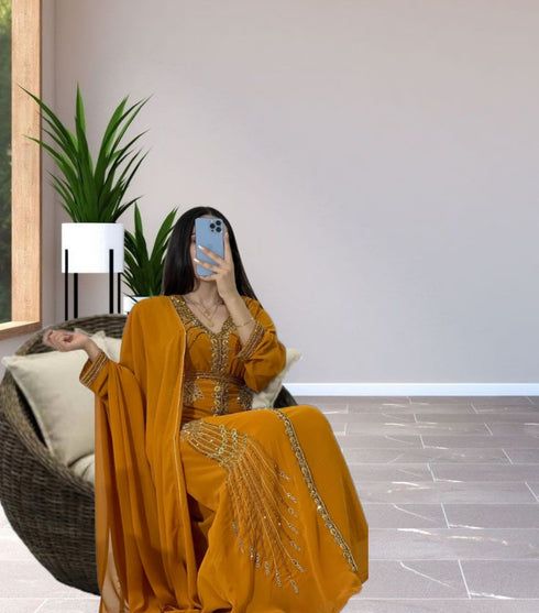 Grand Mustard Yellow Kaftan Gown with Heavy Gold Zari & Beaded Work | Event Dress