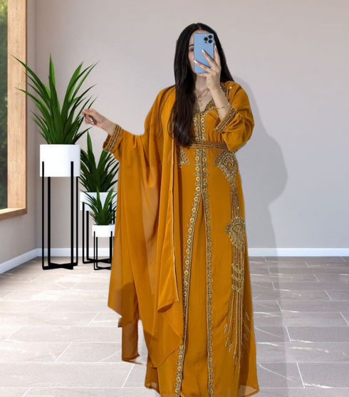 Grand Mustard Yellow Kaftan Gown with Heavy Gold Zari & Beaded Work | Event Dress