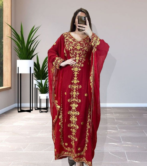 Red Georgette Zari Work Kaftan