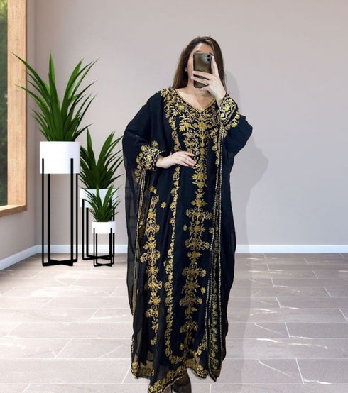 Black Georgette Zari Work Kaftan Dress For Festivals