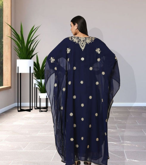 Regal Navy Blue Farasha Kaftan with Heavy Gold Zari Work | Event Dress