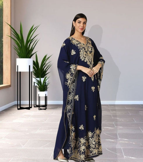 Regal Navy Blue Farasha Kaftan with Heavy Gold Zari Work | Event Dress