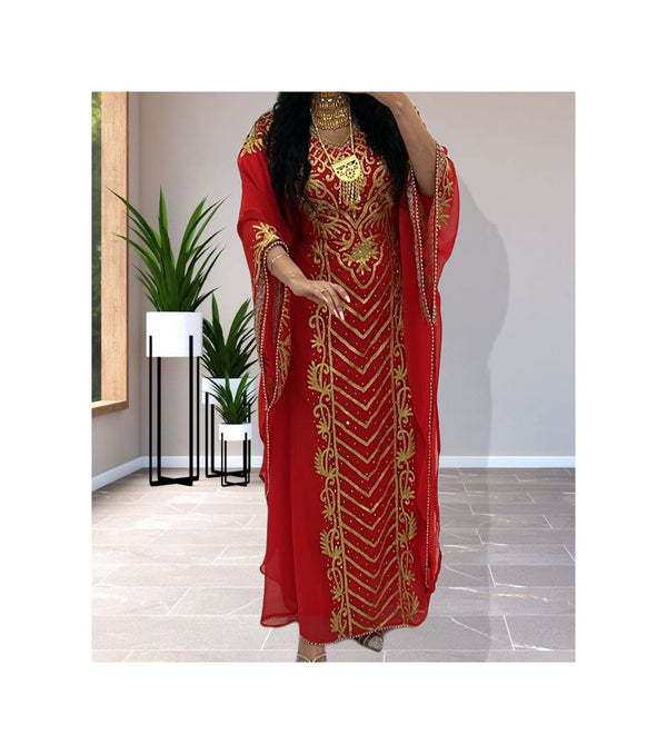Grand Ruby Red Kaftan Gown with Heavy Gold Zari Work | Wedding & Event Dress
