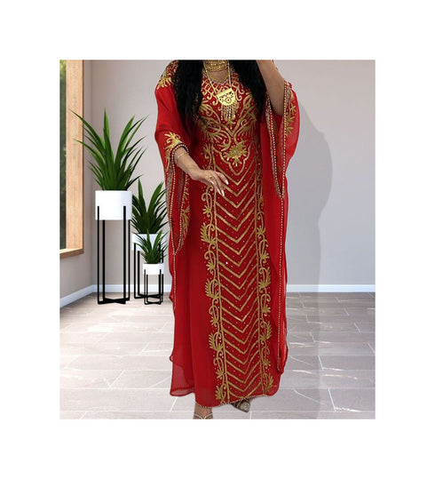Grand Ruby Red Kaftan Gown with Heavy Gold Zari Work | Wedding & Event Dress