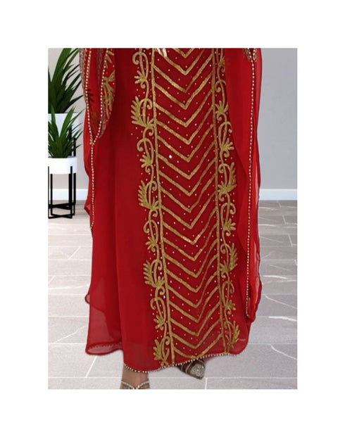 Grand Ruby Red Kaftan Gown with Heavy Gold Zari Work | Wedding & Event Dress