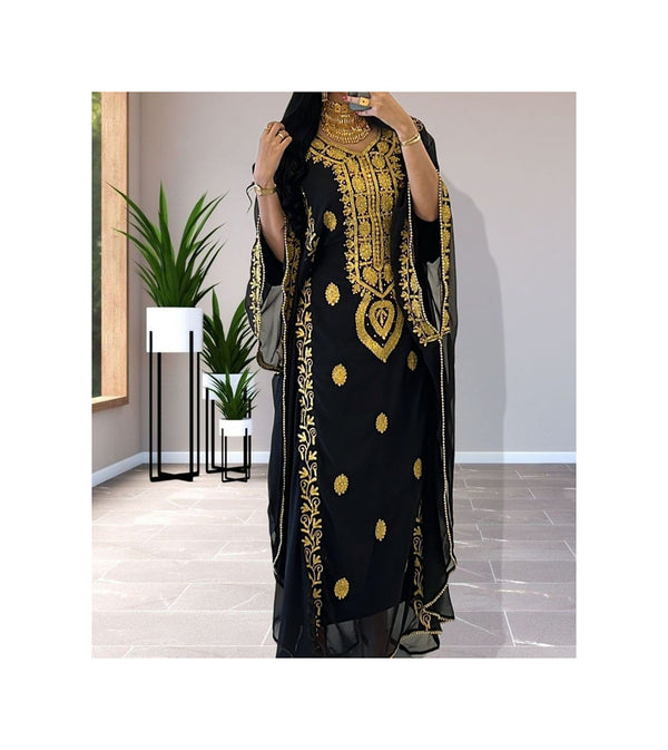 Grand Black Kaftan Gown with Handcrafted Gold Aari Work | Party Wear Dress