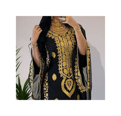 Grand Black Kaftan Gown with Handcrafted Gold Aari Work | Party Wear Dress
