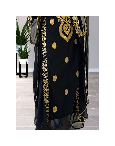 Grand Black Kaftan Gown with Handcrafted Gold Aari Work | Party Wear Dress
