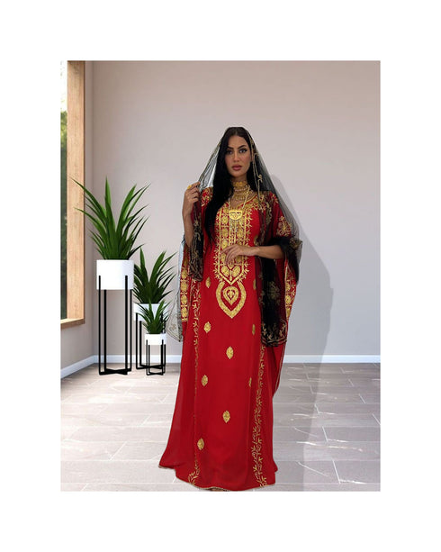 Grand Red & White Moroccan Bridal Kaftan with Silver Zari Work | Wedding Dress