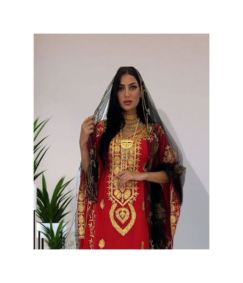 Grand Red & White Moroccan Bridal Kaftan with Silver Zari Work | Wedding Dress
