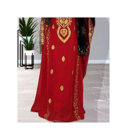 Grand Red & White Moroccan Bridal Kaftan with Silver Zari Work | Wedding Dress
