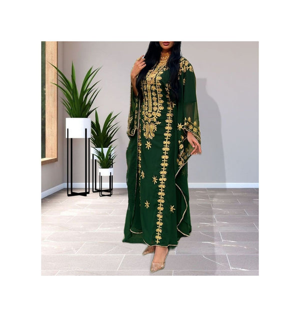 Grand Forest Green Farasha Kaftan Gown with Heavy Gold Zari Work | Event Dress
