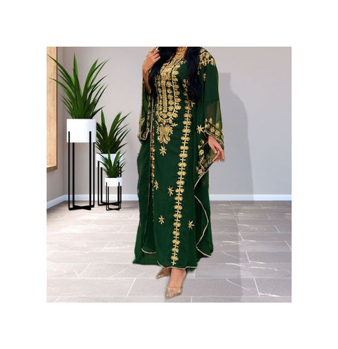 Grand Forest Green Farasha Kaftan Gown with Heavy Gold Zari Work | Event Dress