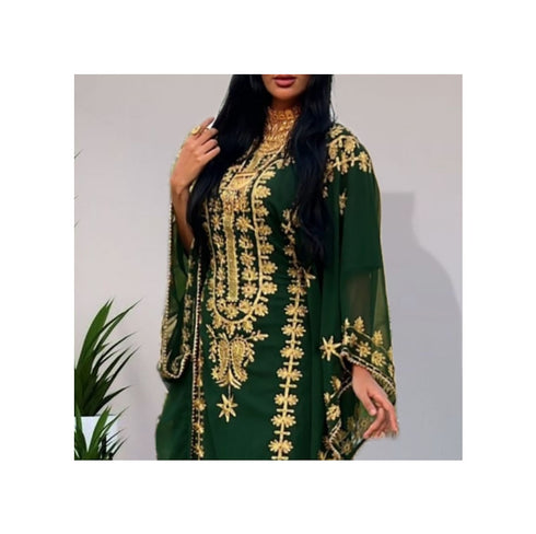 Grand Forest Green Farasha Kaftan Gown with Heavy Gold Zari Work | Event Dress