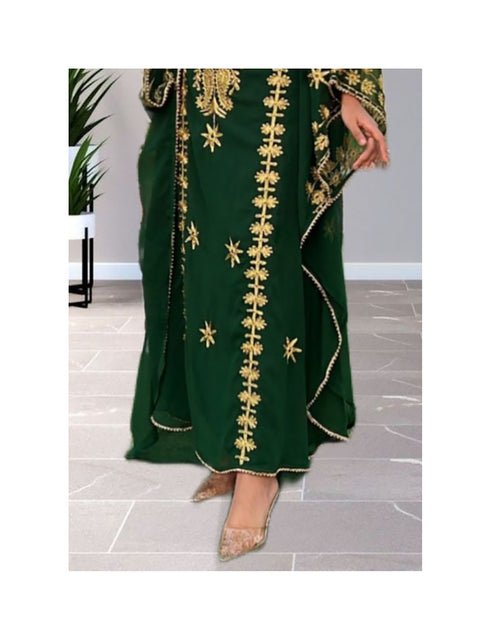 Grand Forest Green Farasha Kaftan Gown with Heavy Gold Zari Work | Event Dress
