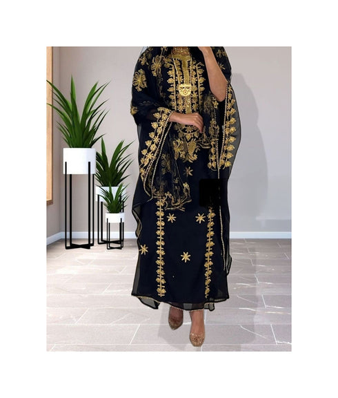 Black Kaftan Handcrafted Georgette Embroidered Work Party Wear Fully Stitched Dresses 0215