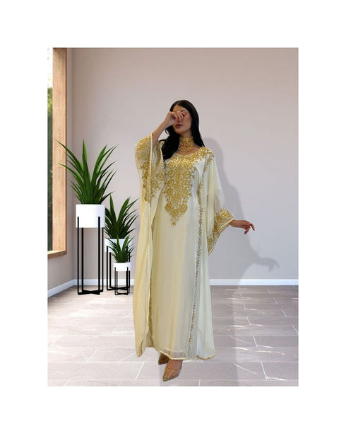 Off-White Kaftan Handcrafted Georgette Embroidered Work Party Wear Fully Stitched Dresses 0220