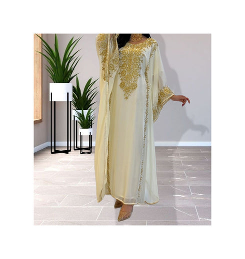 Off-White Kaftan Handcrafted Georgette Embroidered Work Party Wear Fully Stitched Dresses 0220