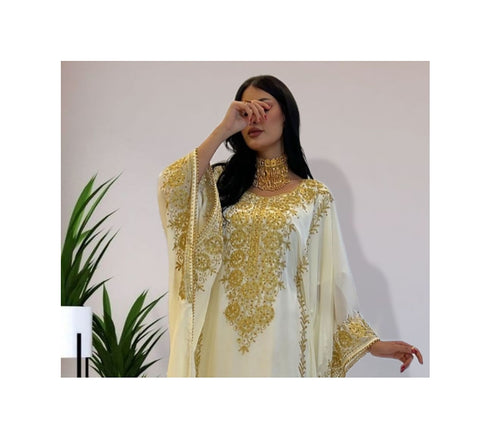 Off-White Kaftan Handcrafted Georgette Embroidered Work Party Wear Fully Stitched Dresses 0220