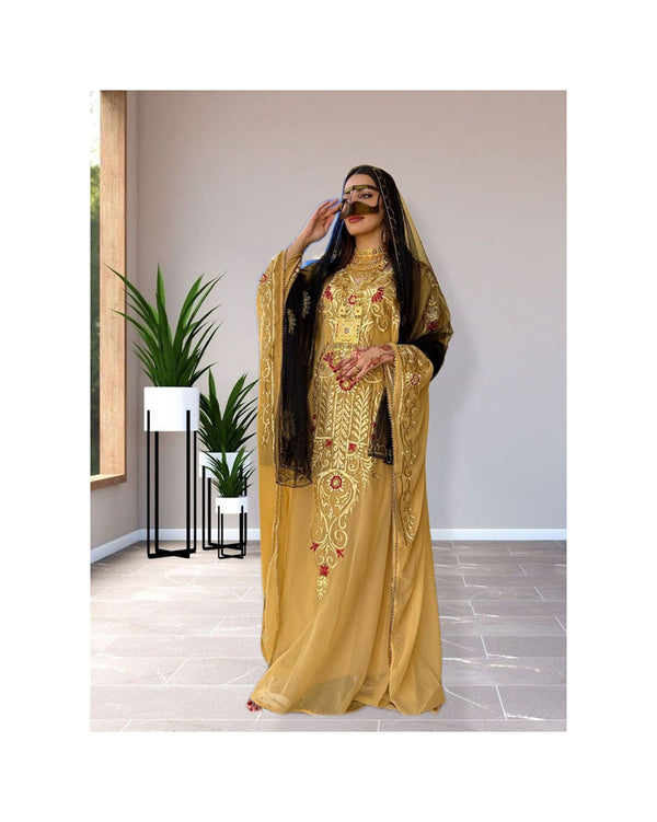 Grand Golden Yellow Kaftan Gown with Gold Zari Work | Evening & Modest Wear