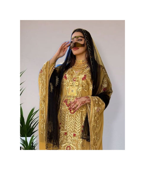 Grand Golden Yellow Kaftan Gown with Gold Zari Work | Evening & Modest Wear
