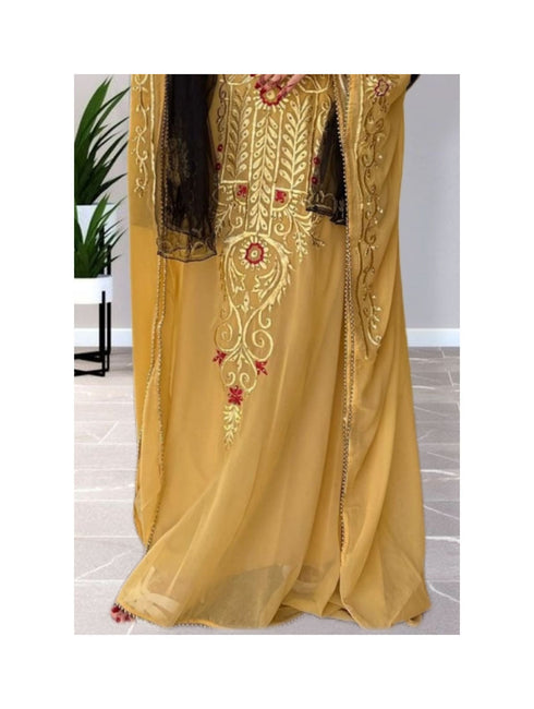 Grand Golden Yellow Kaftan Gown with Gold Zari Work | Evening & Modest Wear