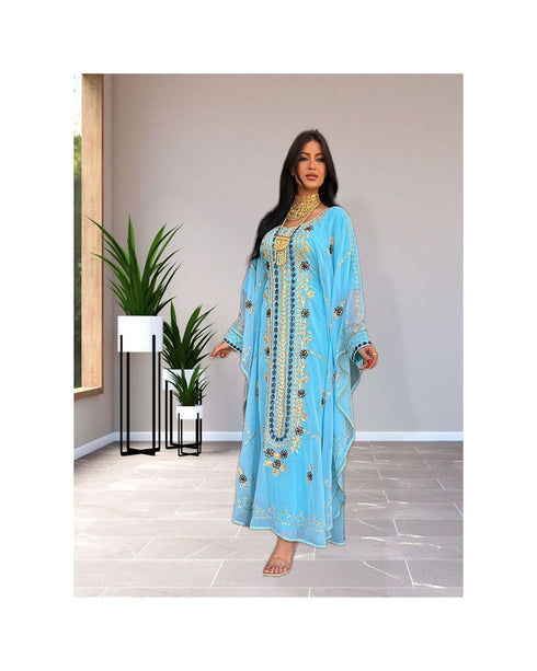 Sky-Blue Kaftan Handcrafted Georgette Embroidered Work Party Wear Fully Stitched Dresses 0226