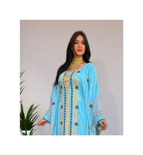 Sky-Blue Kaftan Handcrafted Georgette Embroidered Work Party Wear Fully Stitched Dresses 0226