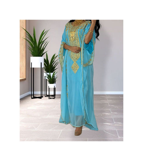 Sky-Blue Kaftan Handcrafted Georgette Embroidered Work Party Wear Fully Stitched Dresses 0227