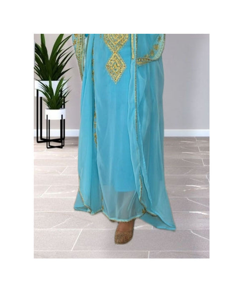 Sky-Blue Kaftan Handcrafted Georgette Embroidered Work Party Wear Fully Stitched Dresses 0227