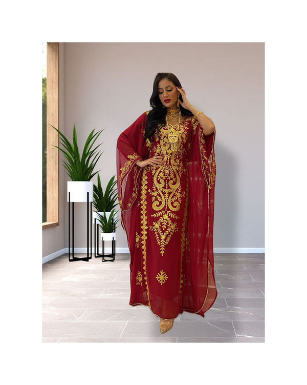 Grand Maroon & White Layered Moroccan Kaftan Gown | Bridal & Event Dress