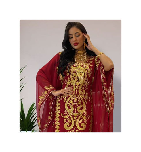 Grand Maroon & White Layered Moroccan Kaftan Gown | Bridal & Event Dress