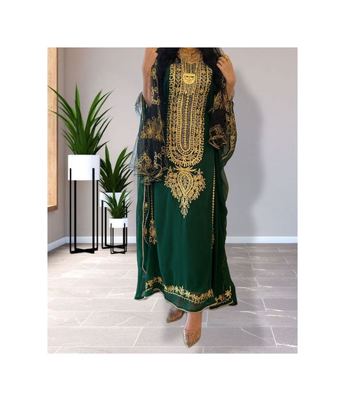 Green Kaftan Handcrafted Georgette Embroidered Work Party Wear Fully Stitched Dresses 0232