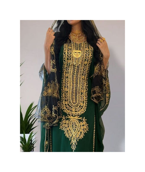 Green Kaftan Handcrafted Georgette Embroidered Work Party Wear Fully Stitched Dresses 0232