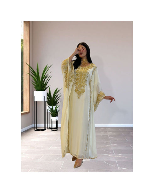 White Georgette Kaftan With Gold Embroidery