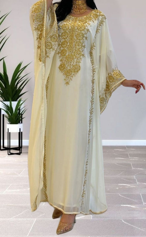 White Georgette Kaftan With Gold Embroidery