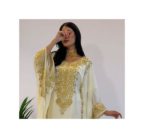 White Georgette Kaftan With Gold Embroidery