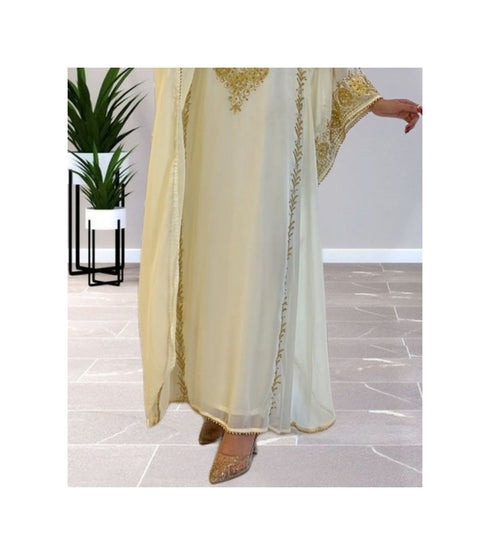 White Georgette Kaftan With Gold Embroidery