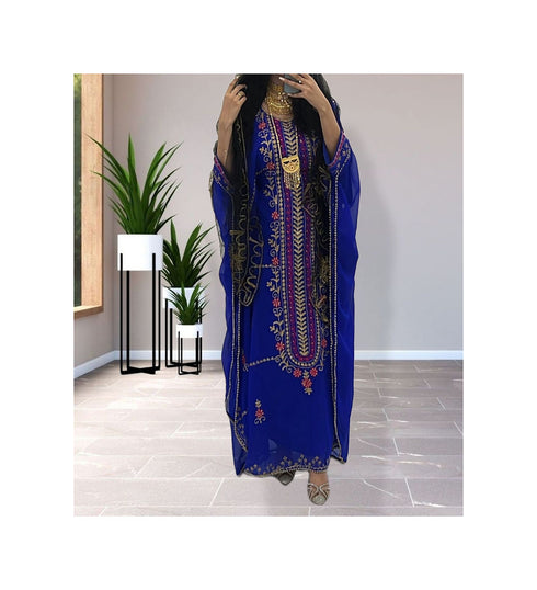 Royal-Blue Kaftan Handcrafted Georgette Embroidered Work Party Wear Fully Stitched Dresses 0236