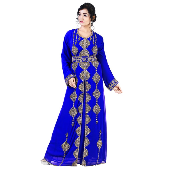 Royal -Blue color luxurious Full Sleeves Handmade Moroccan Kaftan With Sun-proof hijab.