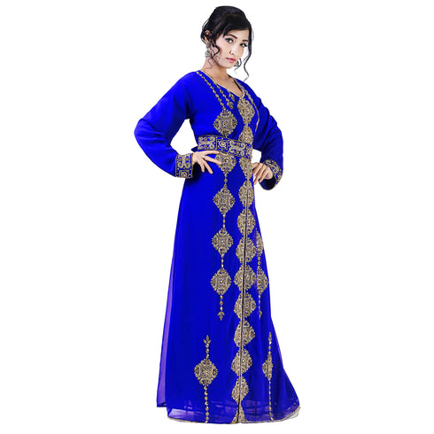 Royal -Blue color luxurious Full Sleeves Handmade Moroccan Kaftan With Sun-proof hijab.