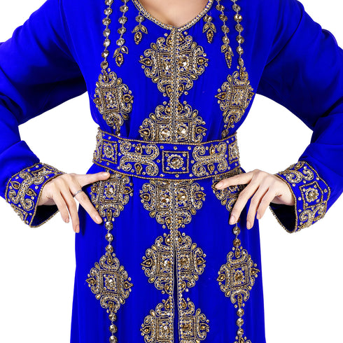 Royal -Blue color luxurious Full Sleeves Handmade Moroccan Kaftan With Sun-proof hijab.