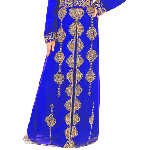 Royal -Blue color luxurious Full Sleeves Handmade Moroccan Kaftan With Sun-proof hijab.