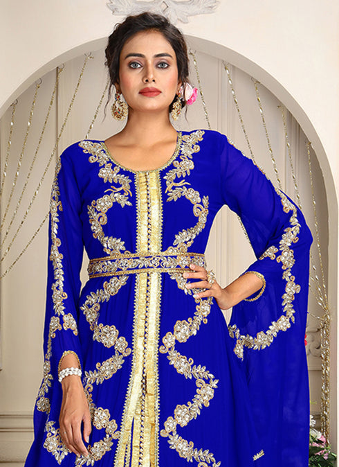 Blue designer hand beaded moroccan party wedding kaftan