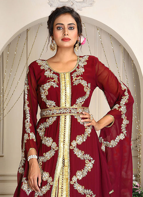 Maroon designer hand beaded moroccan party wedding kaftan