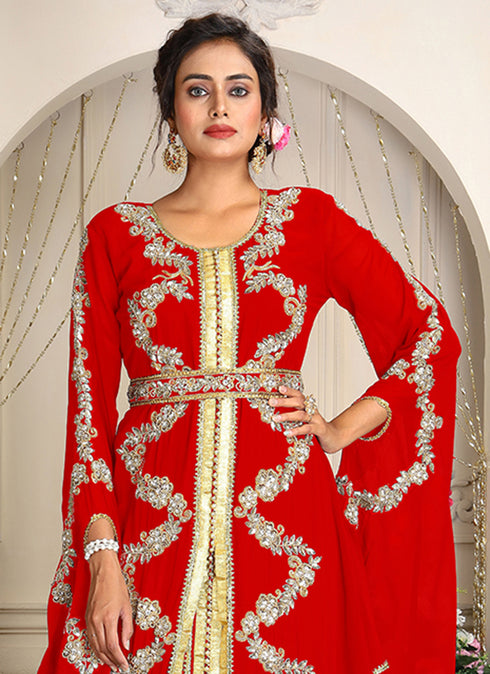 Red designer hand beaded moroccan party wedding kaftan