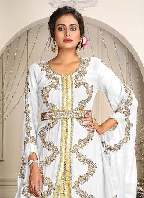 White designer hand beaded moroccan party wedding kaftan