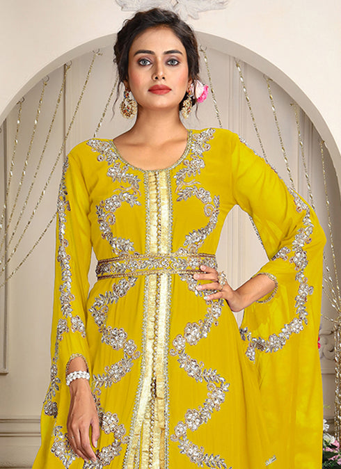 Yellow designer hand beaded moroccan party wedding kaftan